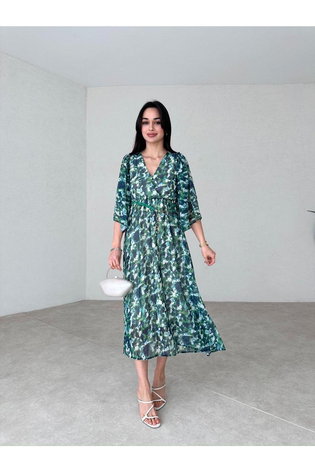 V-NECK BELTED WIDE SLEEVE DETAIL MIDI CHIFFON DRESS