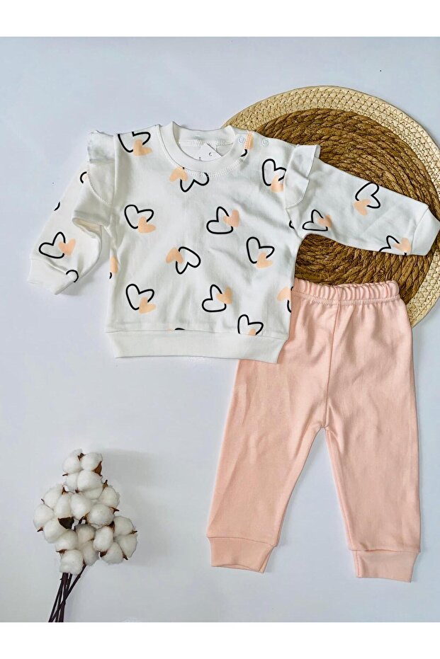 Baby Girl Shoulders Ruffled, Heart Printed Bottom Top Double Set
