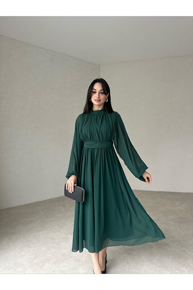 Rochie midi din șifon, cu mâneci lungi, cambrată pe talie - 1