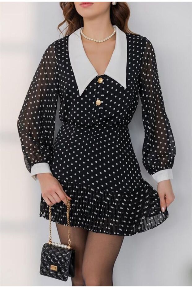 BIB COLLAR DOTS BLACK CHIFFON DRESS