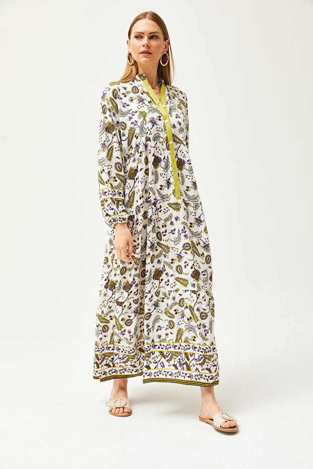 Damska szalowa, olejowo-zielona kołnierzyka, szczegółowa, luźna sukienka maxi zapinana na guziki ELB-19002057 - 3