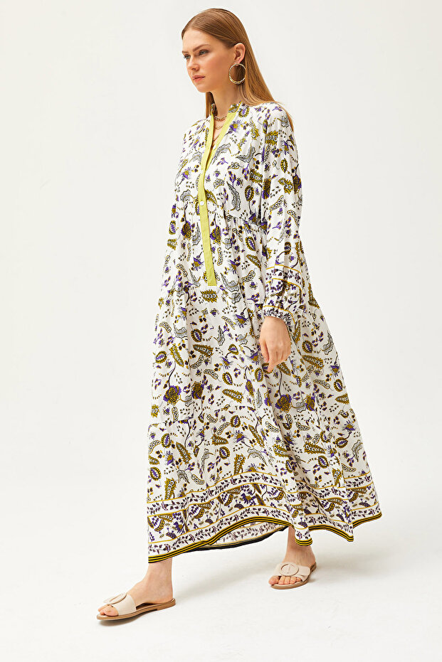 Damska szalowa, olejowo-zielona kołnierzyka, szczegółowa, luźna sukienka maxi zapinana na guziki ELB-19002057 - 1