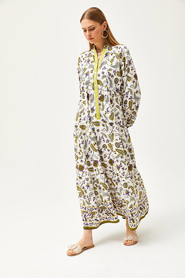 Damska szalowa, olejowo-zielona kołnierzyka, szczegółowa, luźna sukienka maxi zapinana na guziki ELB-19002057 - 5