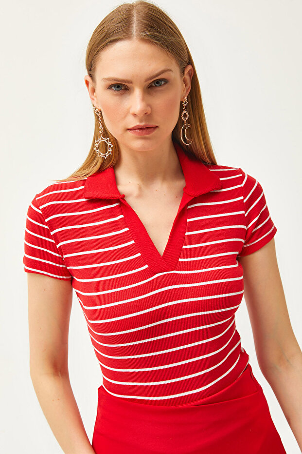 Women's Striped Red Polo Collar Knitted Blouse BLZ-19002563