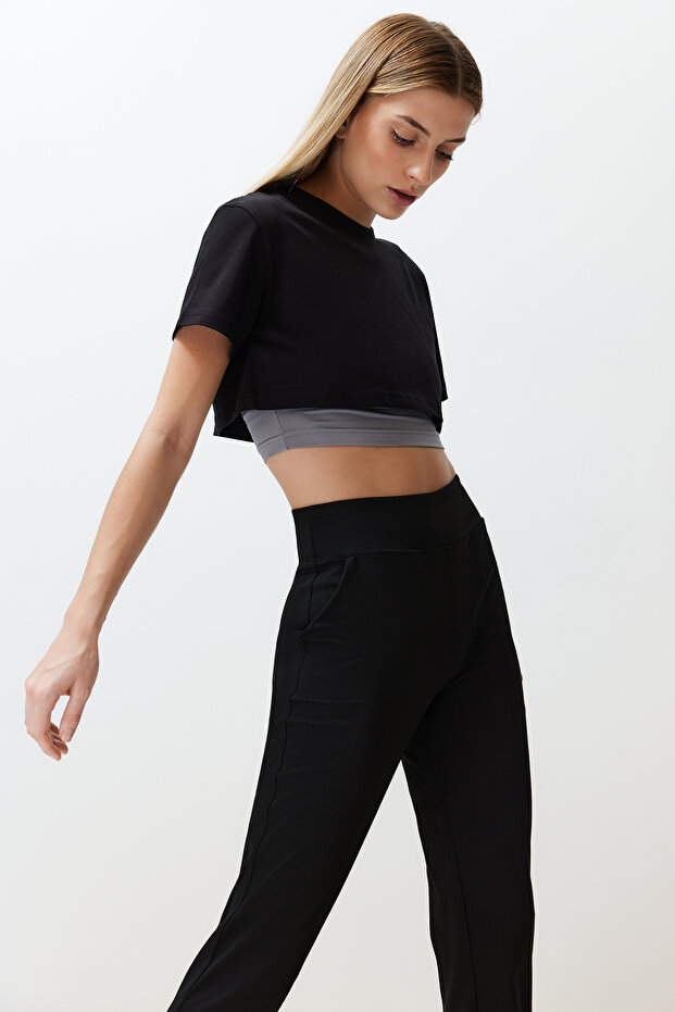 Siyah Gri Melanj 2 Katmanlı Reflektör Baskılı Crop Örme Spor T-Shirt THMSS24TS00001 - 3