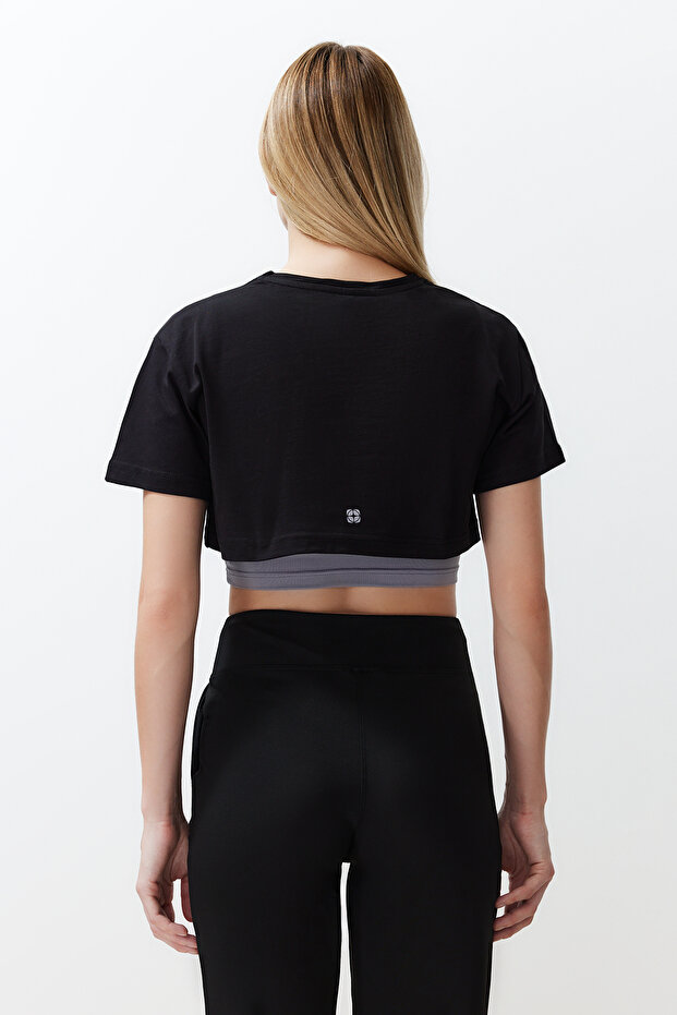 Siyah Gri Melanj 2 Katmanlı Reflektör Baskılı Crop Örme Spor T-Shirt THMSS24TS00001 - 6