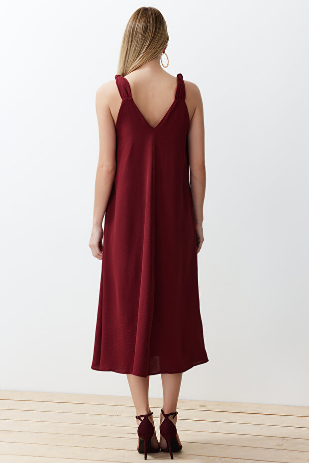 Bordo Rahat Kesim V Yaka Midi Dokuma Elbise TWOSS23EL00882 - 6