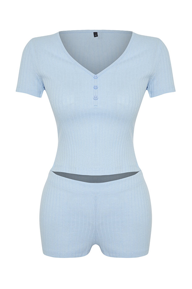 Açık Mavi Düğme Detaylı Fitilli Şortlu Örme Pijama Takımı THMSS24PT00097 - 8