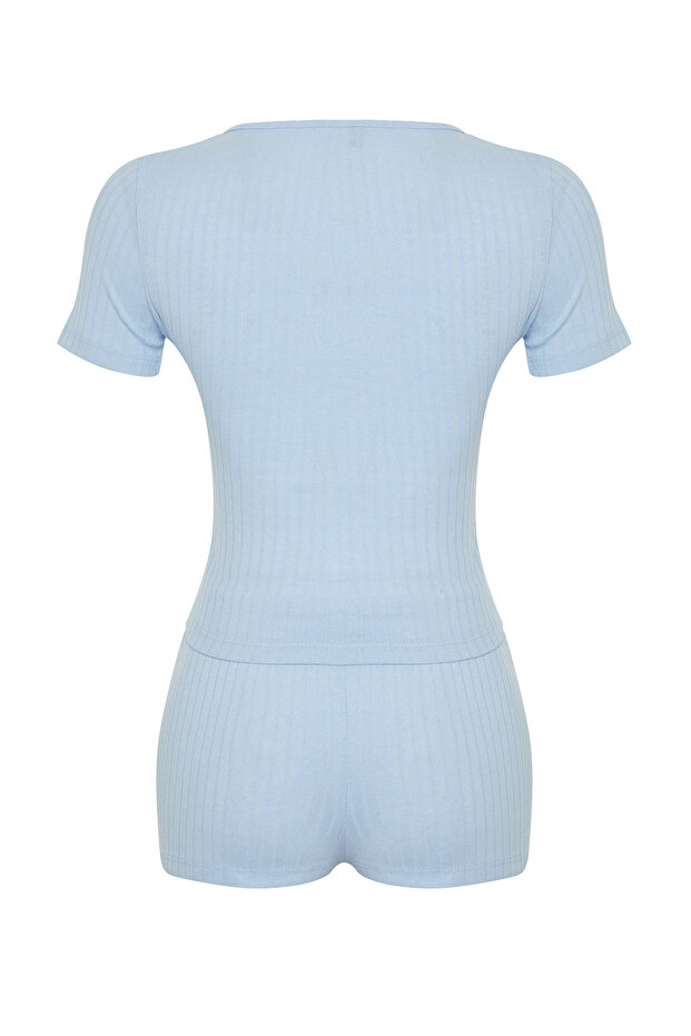 Açık Mavi Düğme Detaylı Fitilli Şortlu Örme Pijama Takımı THMSS24PT00097 - 9