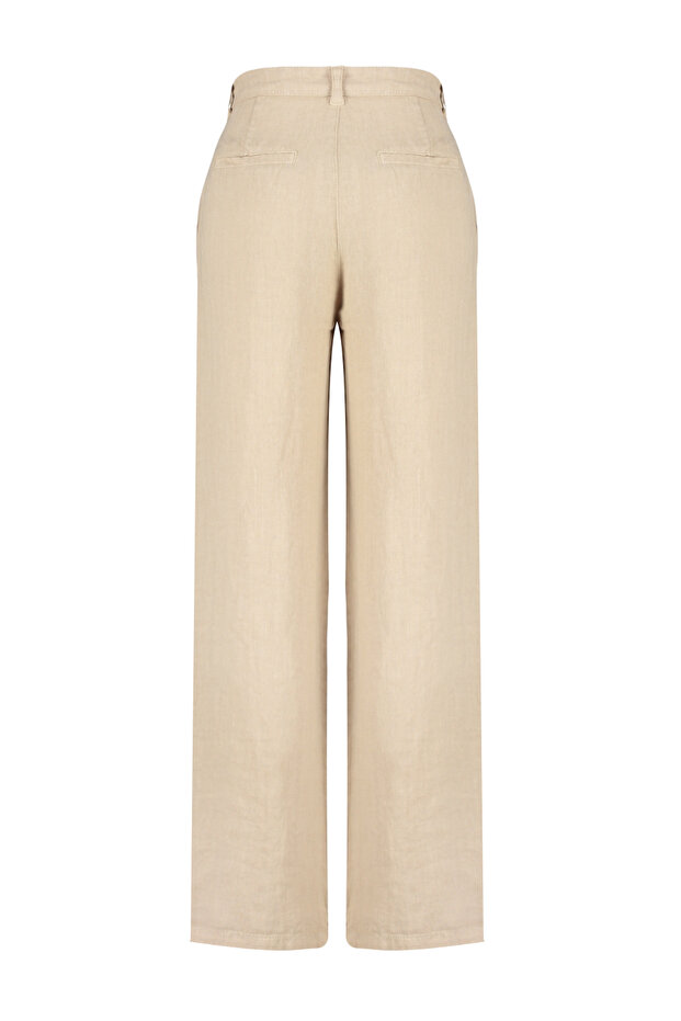 Bej %100 Keten Pileli Yüksek Bel Wide Leg Pantolon TWOSS24JE00245 - 8