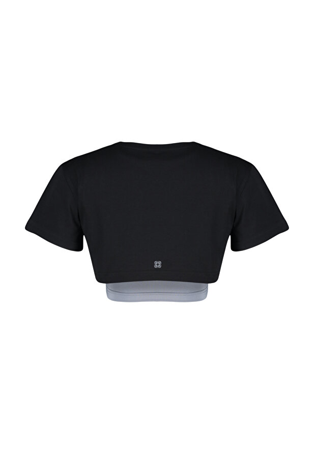 Siyah Gri Melanj 2 Katmanlı Reflektör Baskılı Crop Örme Spor T-Shirt THMSS24TS00001 - 8