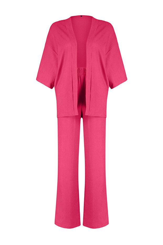 Pembe Relaxed/Rahat Kesim Örme Kimona Pantolon Alt-Üst Takım TWOSS24AU00091 - 7