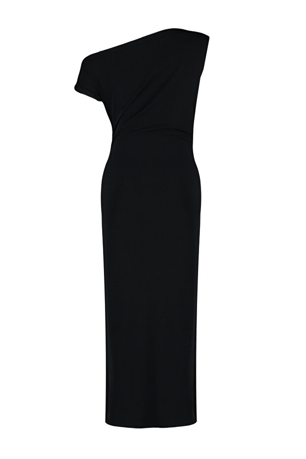 Siyah Fitted Vücuda Oturan Kayık Yaka Sıfır Kol Esnek Örme Örme Midi Kalem Elbise TWOSS24EL00662 - 8