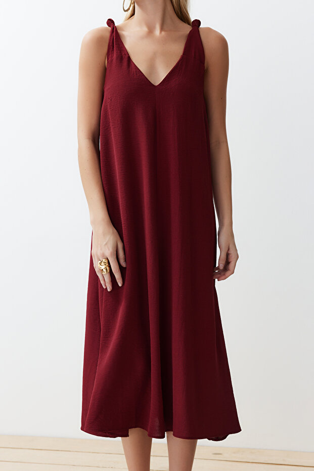 Bordo Rahat Kesim V Yaka Midi Dokuma Elbise TWOSS23EL00882 - 5