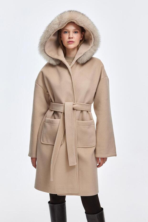 Hooded Fur Collar Pocket Coat Mink