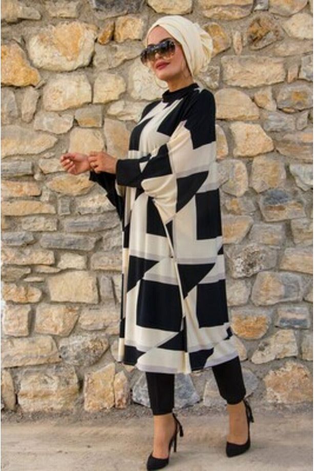 Ekru Siyah Kareli Oversize Tesettür Tunik - 6