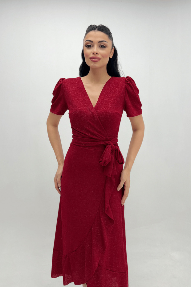 Imported Glitter Fabric Belt Detailed Midiboy Dress - Red