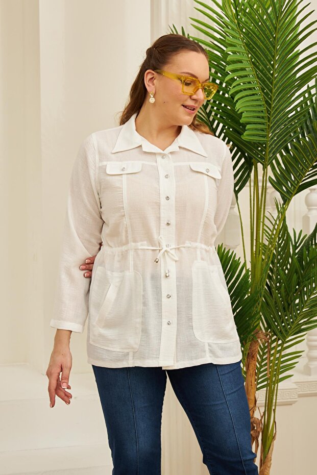 Plus Size Ecru Linen Jacket with Waist Tie Detail