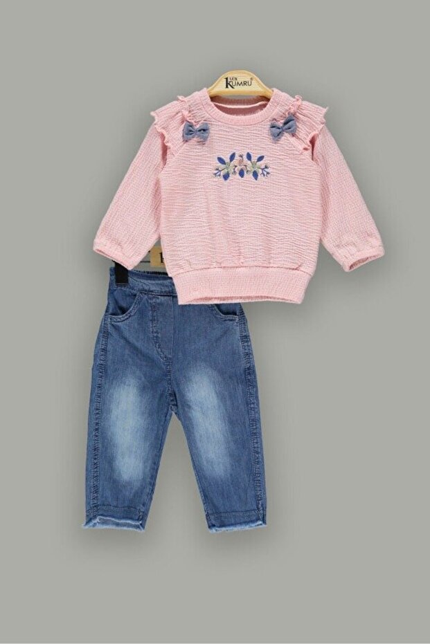 Embroidered Top and Detailed Jeans Pants Set for Girls