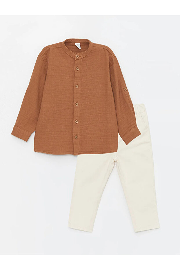 LCW baby Hakim Yaka Uzun Kollu Basic Pamuklu Erkek Bebek Gömlek ve Pantolon 2'li Takım - 1