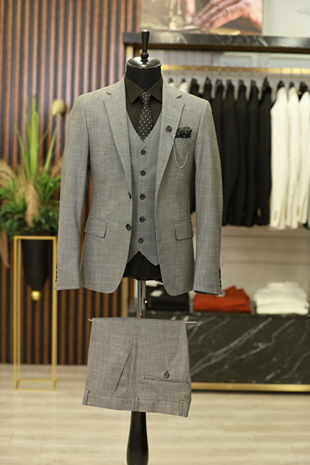 Men's Suit Swallow Collar Italian Style Slim Fit Jacket Vest Trousers-Grey