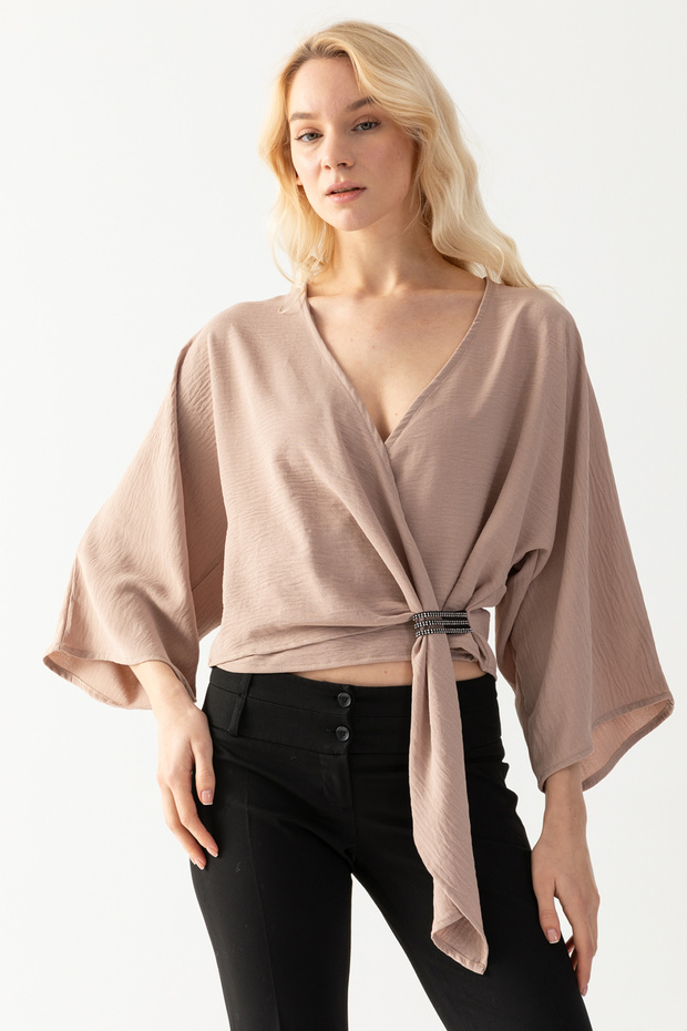 Women's Biscuit Double Breasted Collar Half Sleeve Loose Cut Aerobin Tunic