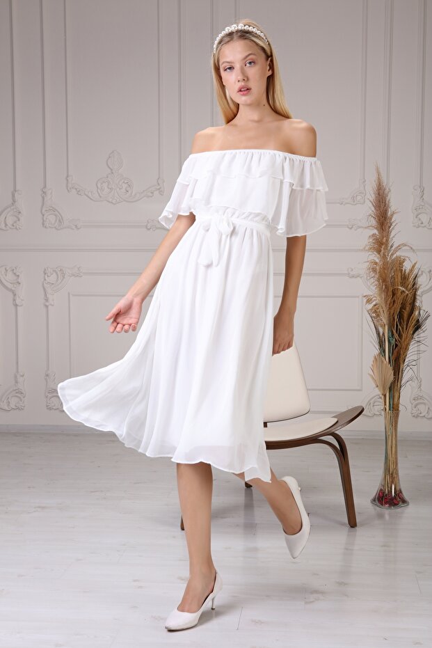Women's Collar Ruffle Belt White Chiffon Dress 5000