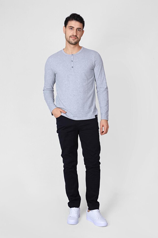 Buttoned Crew Neck Long Sleeve T-shirt Np-collargo - Light Gray