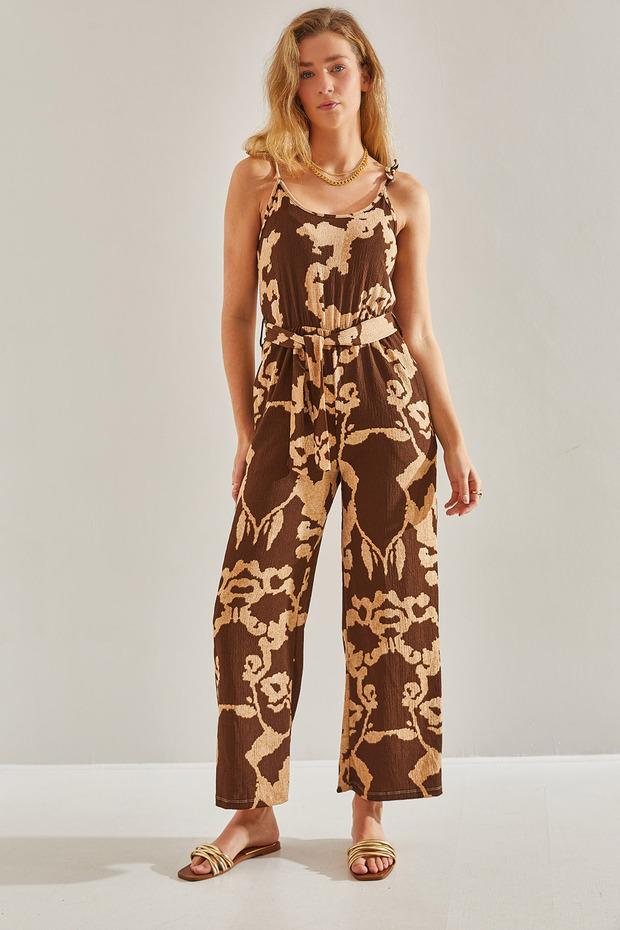 Women's Brown Rope Strap Patterned Jumpsuit 60111064