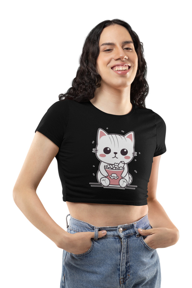 Sweet Cat Eating Corn Printed Crop Top, Women's Cute Cat Crop Blouse