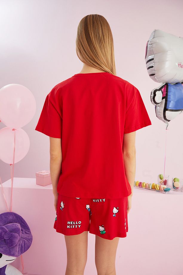 Hello Kitty Lisanslı %100 Pamuk Kırmızı Çok Renkli Bisklet Yaka Şort Pijama Takım - 3