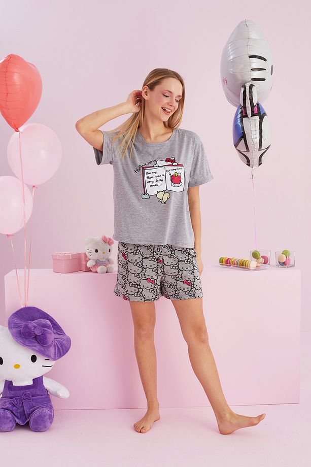 Hello Kitty Lisanslı %100 Pamuk Gri Çok Renkli Bisklet Yaka Şort Pijama Takım - 2