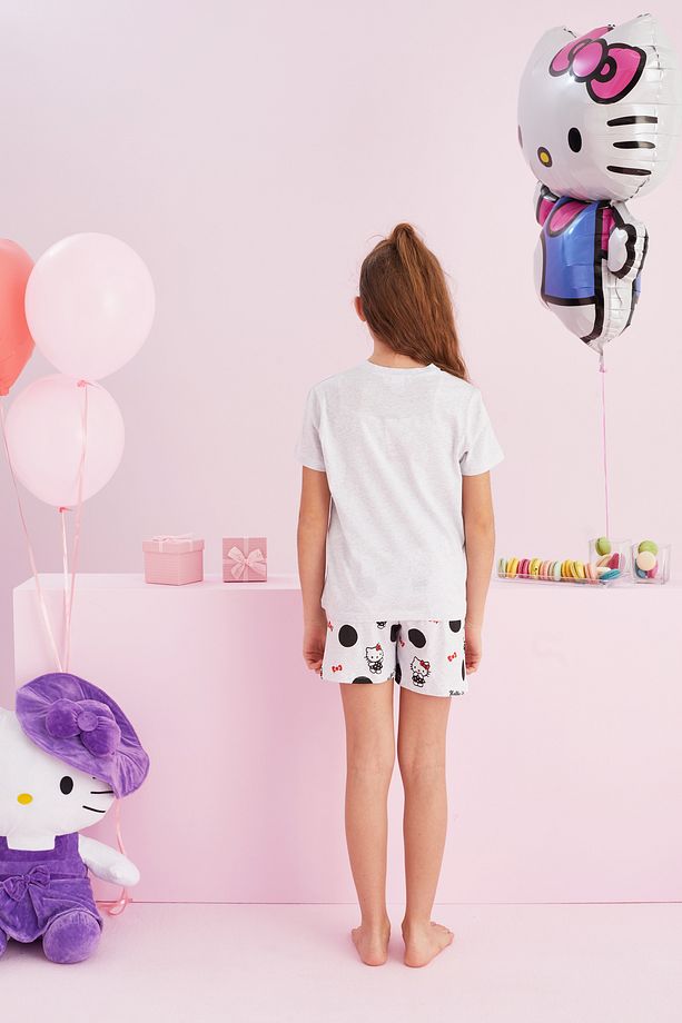 Hello Kitty Lisanslı %100 Pamuk Gri Çok Renkli Bisklet Yaka Şort Pijama Takım - 5