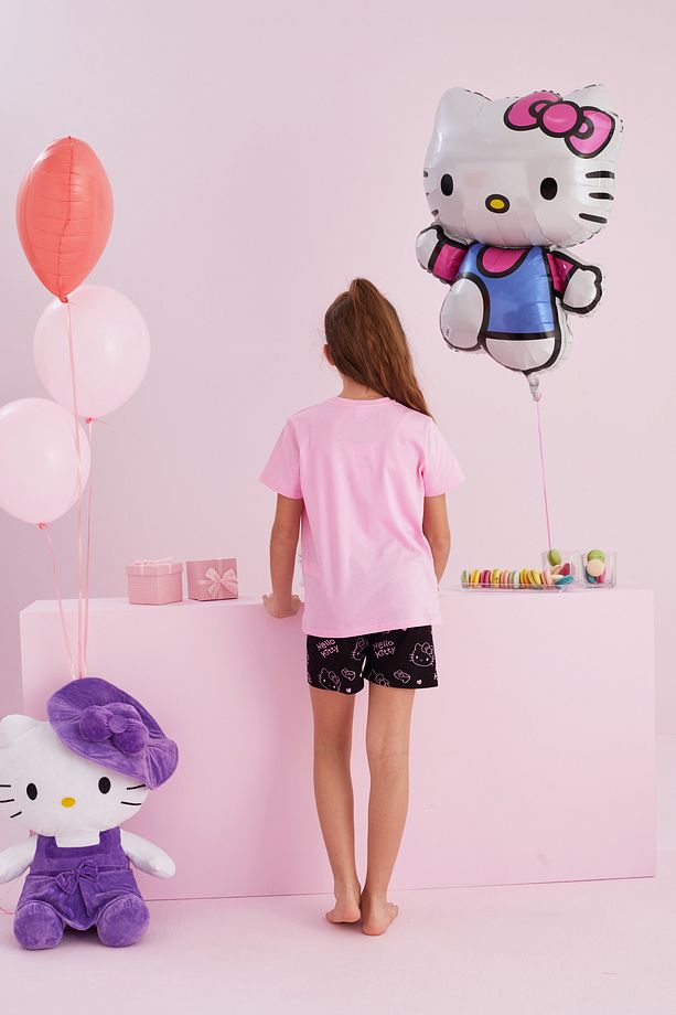 Hello Kitty Lisanslı %100 Pamuk Pembe Çok Renkli Bisklet Yaka Şort Pijama Takım - 5