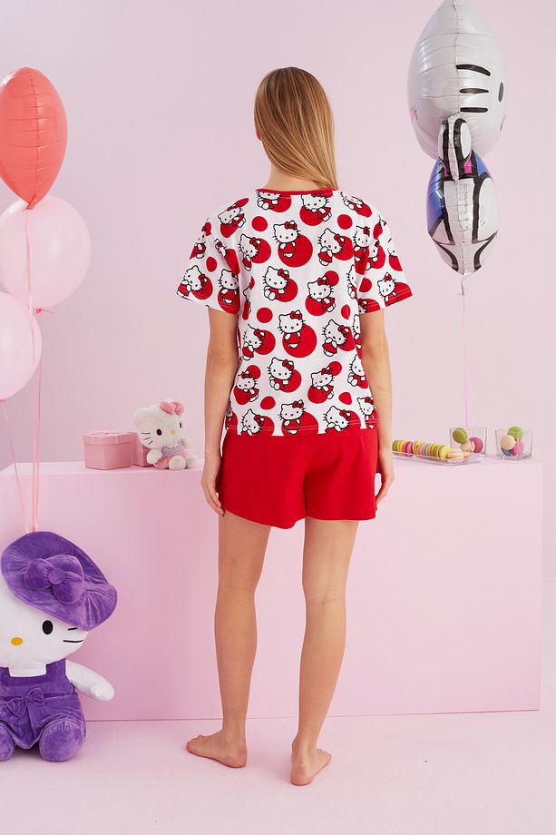 Hello Kitty Lisanslı %100 Pamuk Kırmızı Çok Renkli Bisklet Yaka Şort Pijama Takım - 3