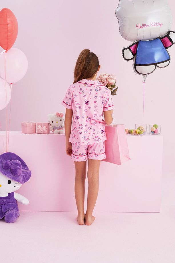 Hello Kitty Lisanslı %100 Pamuk Pembe Çok Renkli Düğmeli Biyeli Şort Pijama Takım - 5