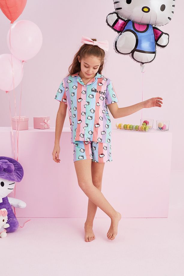 Hello Kitty Lisanslı %100 Pamuk Çok Renkli Düğmeli Şort Pijama Takım - 4
