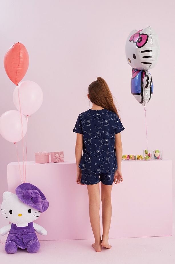 Hello Kitty Lisanslı %100 Pamuk Lacivert Çok Renkli Bisklet Yaka Şort Pijama Takım - 5