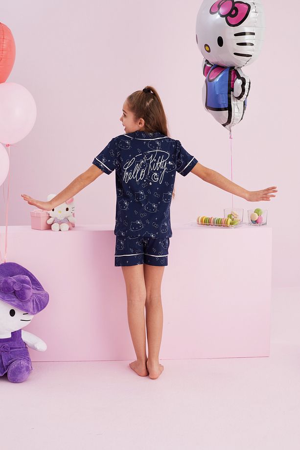 Hello Kitty Lisanslı %100 Pamuk Lacivert Çok Renkli Düğmeli Biyeli Şort Pijama Takım - 5