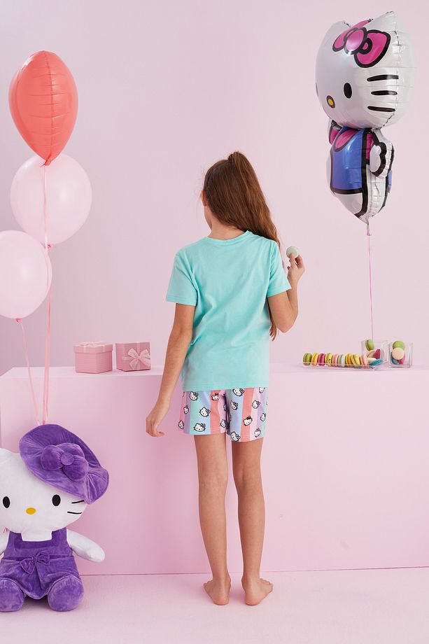 Hello Kitty Lisanslı %100 Pamuk Yeşil Çok Renkli Bisklet Yaka Şort Pijama Takım - 5