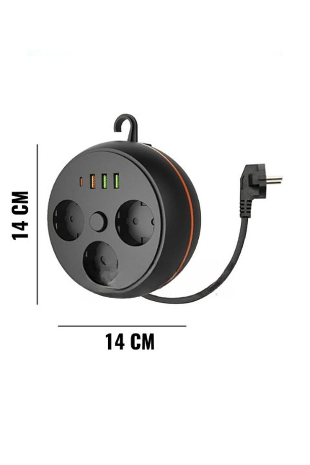 Siyah Termal Akım Korumalı Grup Priz Makaralı 3 Priz, 3 Usb Ve 1 Type-c Şarjlı Duvar Askılı Priz - 2
