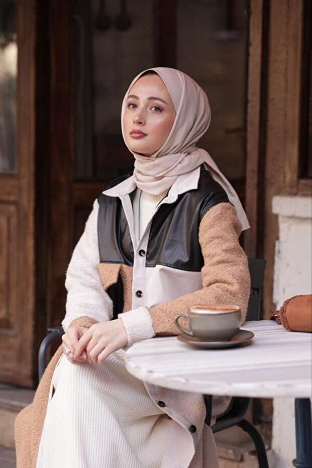 Kadın Patchwork Siyah Derili Gömlek-Bej - 4