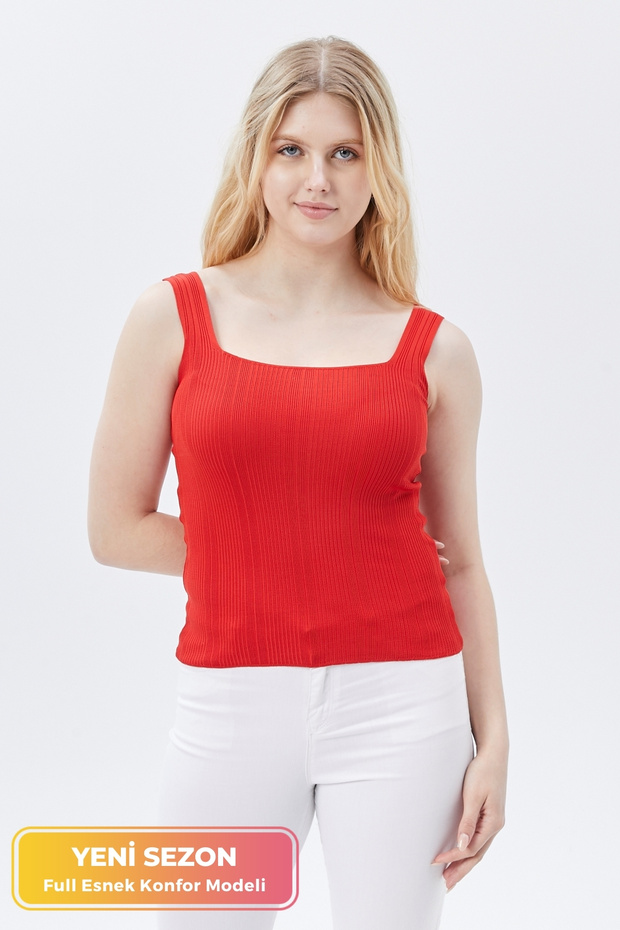 Women's New Season Full Flexible Comfort Model Square Collar Knitted Knitwear Ribbed Look Thick Strap Tank Top