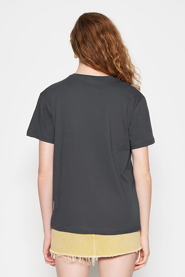 Antrasit %100 Pamuk Bisiklet Yaka Oversize/Geniş Kalıp Örme T-Shirt TWOSS20TS0134 - 11