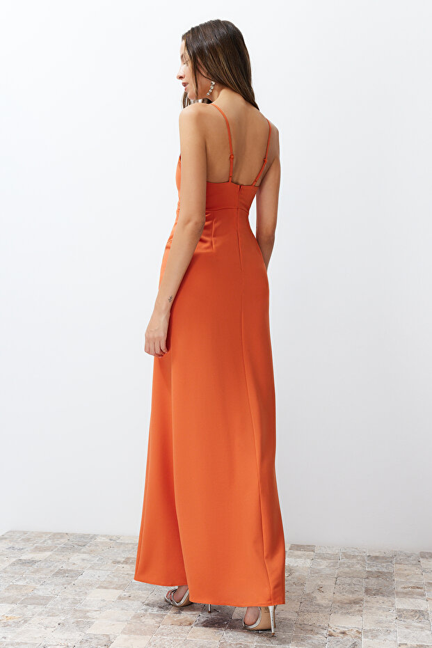 Oranžové dlouhé stylové večerní šaty – tkané, přiléhavé šaty TPRSS24AE00061 - 6