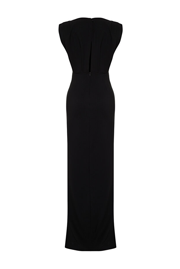 Czarna, wyściełana, tkana, długa, stylowa sukienka wieczorowa Tprss24Ae00087 - 8