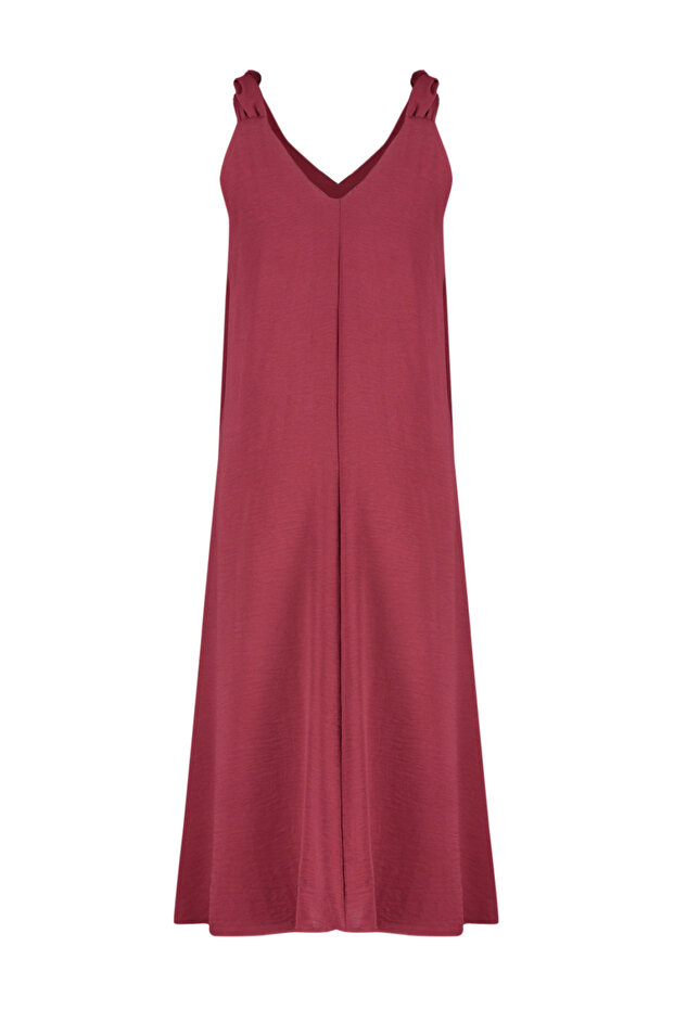 Bordo Rahat Kesim V Yaka Midi Dokuma Elbise TWOSS23EL00882 - 8