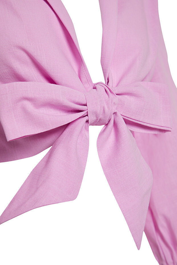 Pembe Dokuma Bağlamalı Plaj Crop Bluz TBESS24BZ00006 - 7