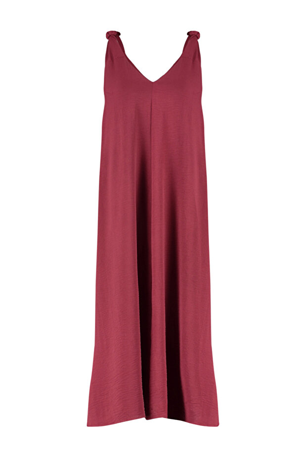 Bordo Rahat Kesim V Yaka Midi Dokuma Elbise TWOSS23EL00882 - 7