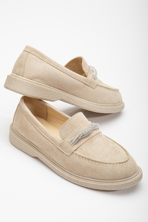 Women's Nude Suede Comfortable Fit Casual Loafer with Coiled Stones on the Front